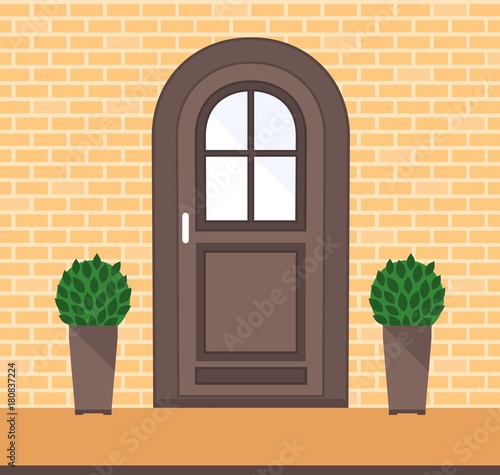 Front door on the brick wall with two pots with plants. Entrance of house. Vector illustration.