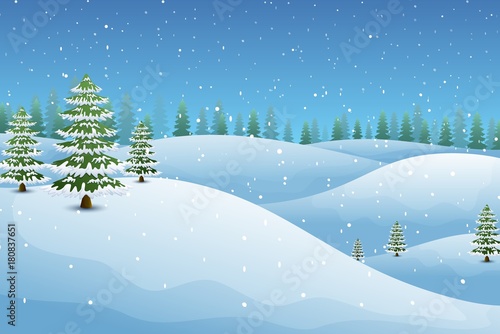 Winter landscape with fir trees and snowy hills