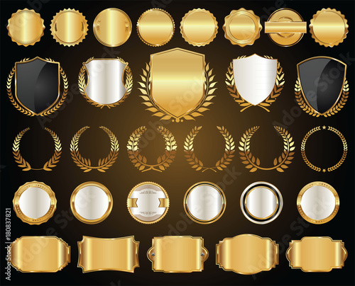 Golden shields laurel wreaths and badges collection
