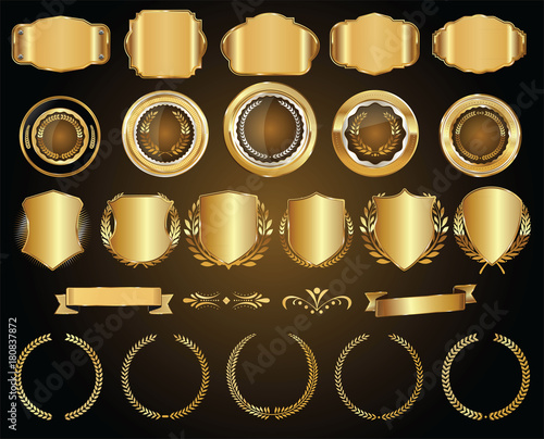 Golden shields laurel wreaths and badges collection