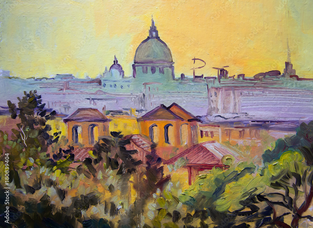 Obraz premium Basilica Sant Pietro panoramic painting, Rome, Italy.