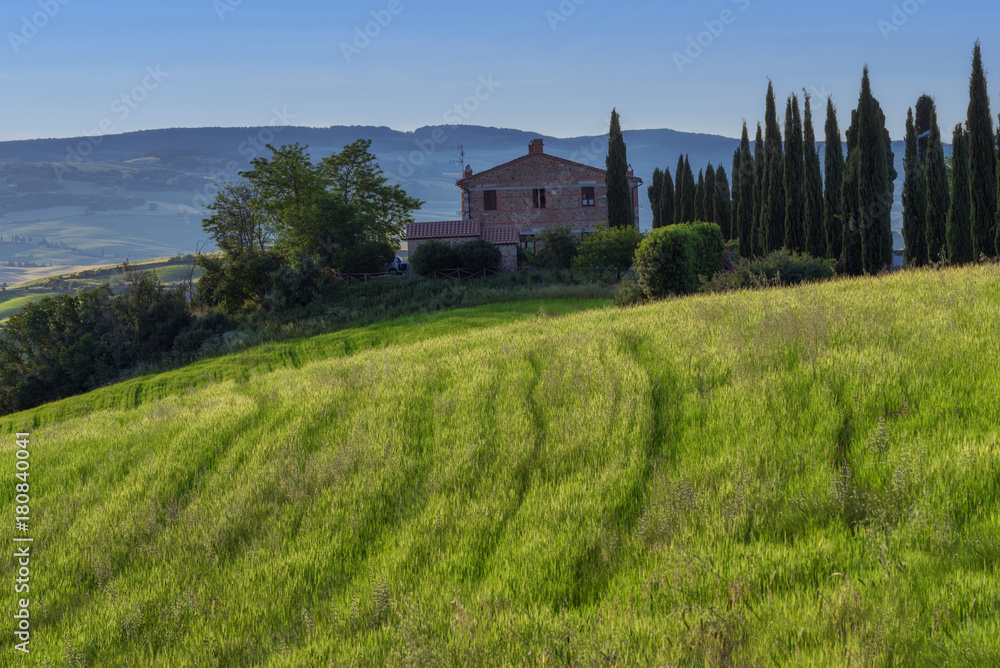 Magnificent spring landscape.Beautiful view of typical tuscan farm house, green wave hills, cypresses trees, hay bales, olive trees, beautiful golden fields and meadows.Tuscany, Italy, Europe Magnificent spring landscape.Beautiful view of typical tuscan farm house, green wave hills, cypresses trees, hay bales, olive trees, beautiful golden fields and meadows.Tuscany, Italy, Europe