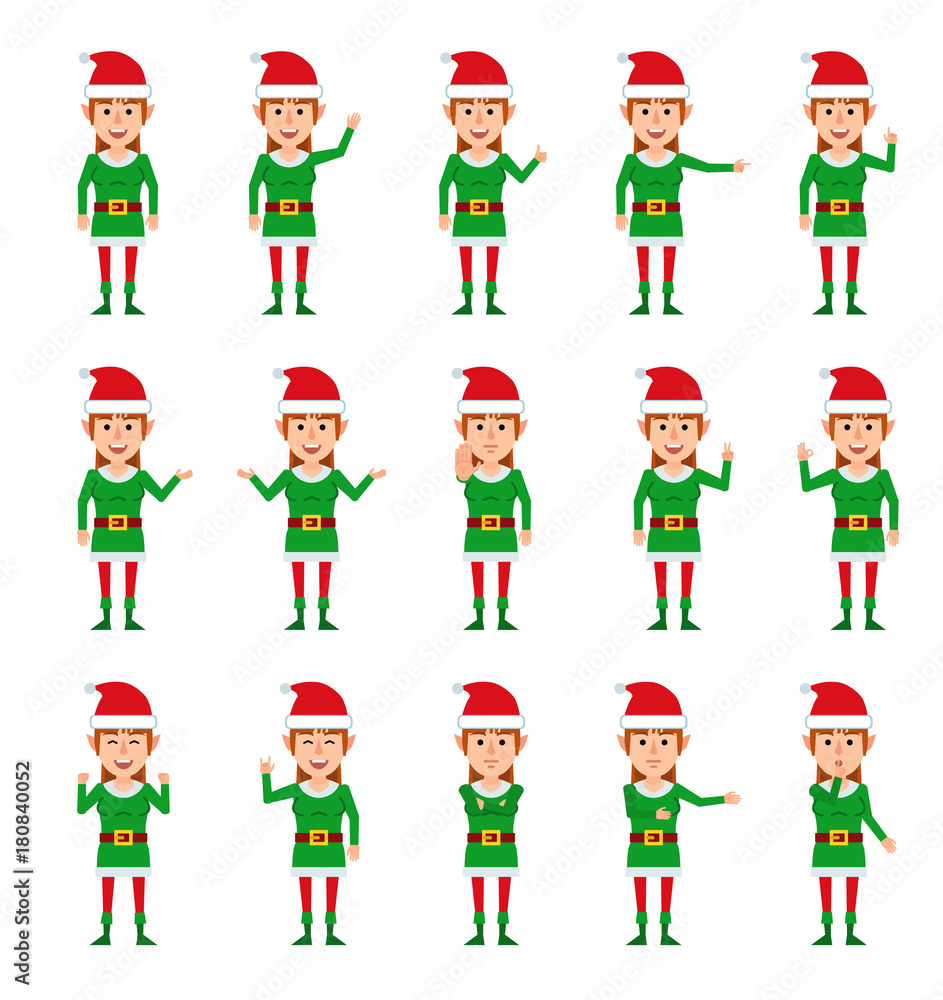 Set of female elf characters showing different hand gestures. Cheerful elf girl pointing, greeting, showing thumb up and other gestures. Flat style vector illustration Set of female elf characters showing different hand gestures. Cheerful elf girl pointing, greeting, showing thumb up and other gestures. Flat style vector illustration