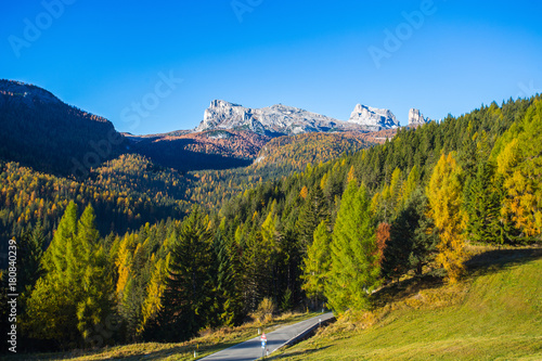 View of 5 torri mountains on the background from Falzarego pass in an autumn landscape in Dolomites, Italy. 