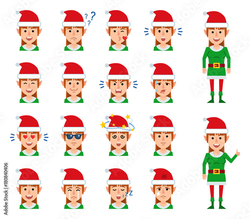 Set of Christmas elf girl avatars showing different facial expressions. Happy, sad, angry, dazed, surprised, sleeping, thinking and other emotions. Flat style vector illustration