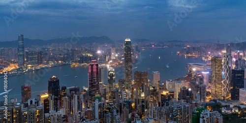Colorful view of Hong Kong skyline on twilight time seen from Victoria Peak. Hong Kong  China.