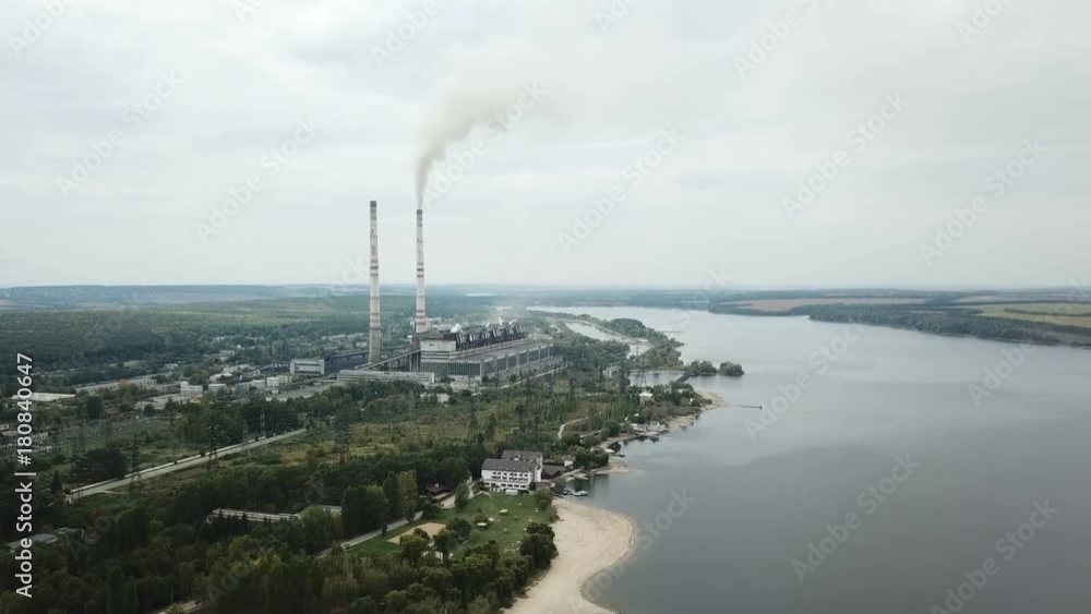 Aerial shot of the heating plants over the river
