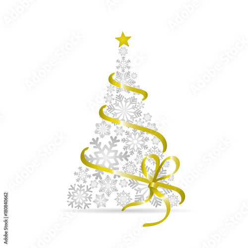 CHRISTMAS TREE IN SNOW FLAKE WITH RIBBON. CHRSITMAS DECORATIVE SYMBOL VECTOR