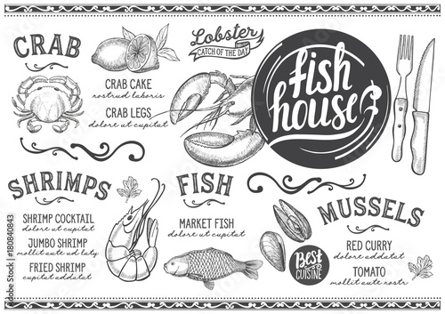 Seafood menu restaurant, food template.
