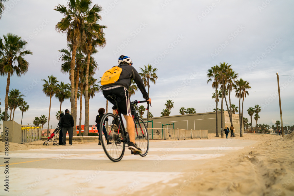 Obraz premium Junger Fahrradfahrer am Strand mit Palmen im Hintergrund