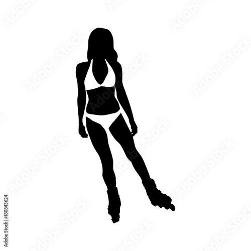 Icono plano silueta patinadora con bikini negro en fondo blanco
