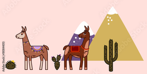 Two standing llamas with cacti and mountains, line art style, with empty space for sign, travel in Peru concept