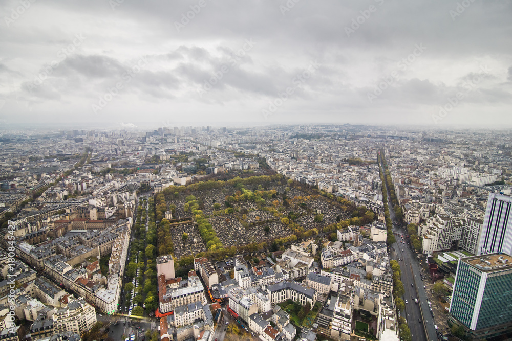 Paris, France - November, 2017. Areal view of Paris with Eiffel tower in the distance
