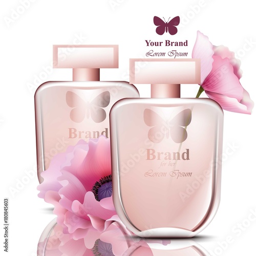 Women perfume bottle with flowers fragrance. Realistic Vector Product packaging designs