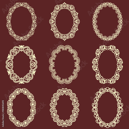Set of  oval vintage frames isolated background. Vector design elements that can be cut with a laser. A set of frames made of decorative lace borders.
