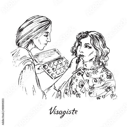 Visagiste at work, applying lipstick or gloss with brush and holding professional palette, hand drawn doodle sketch, black and white vector illustration