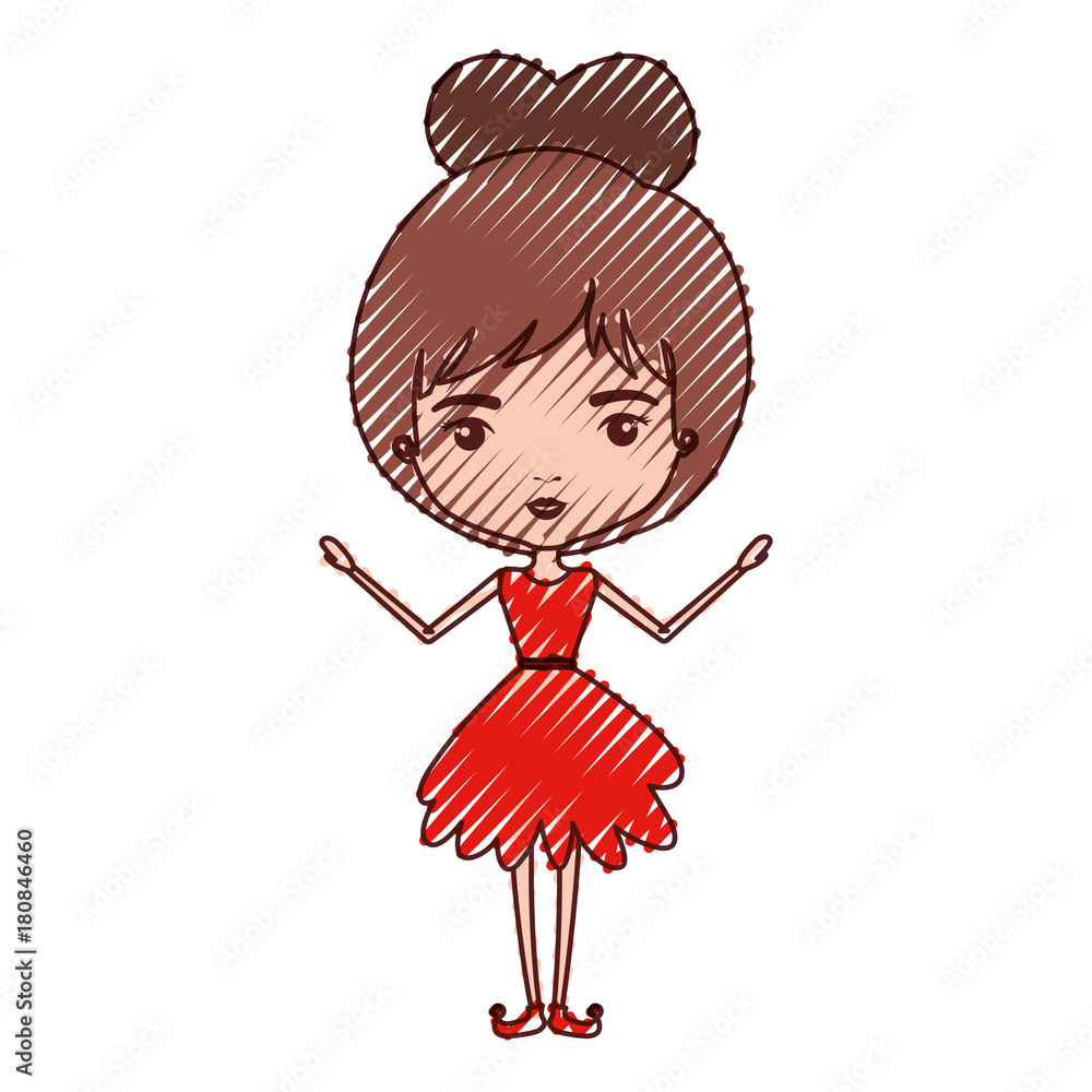 girly fairy without wings and brown collected hair in red dress in colored crayon silhouette girly fairy without wings and brown collected hair in red dress in colored crayon silhouette