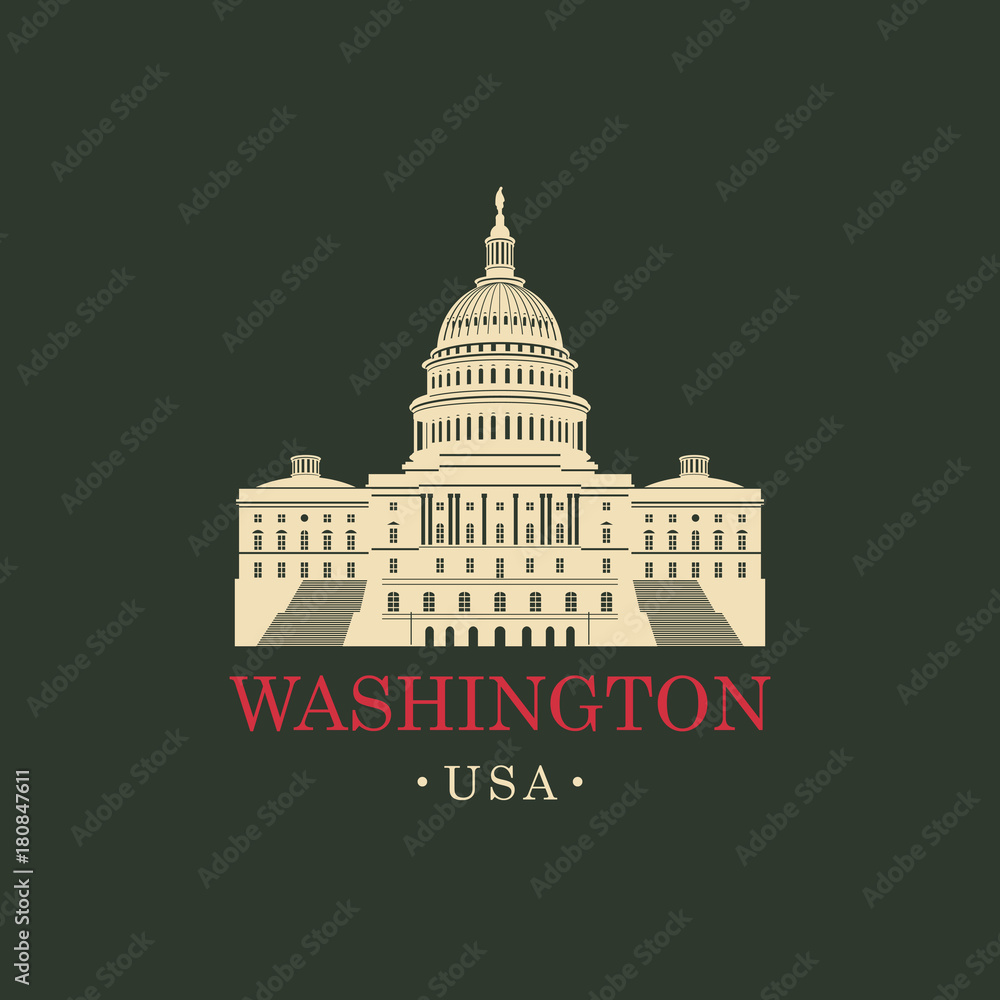 Vector travel banner. US National Capitol in Washington, DC. American landmark. The Western facade of the Capitol