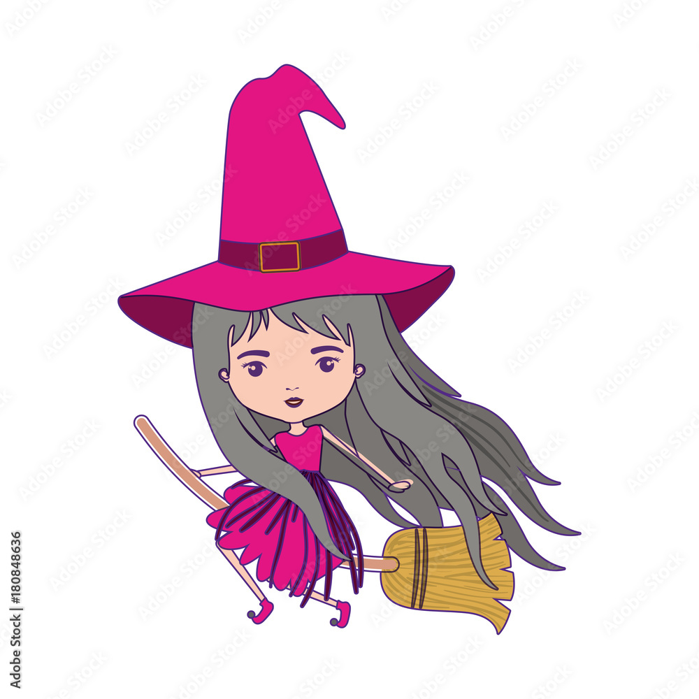 cute witch flying in broom with magenta dress with purple contour