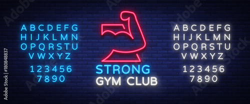 Logotype gym sign in neon style isolated vector illustration. A glowing sign, a nightly bright neon advertisement of the gym, fitness club, sports club. Editing text neon sign