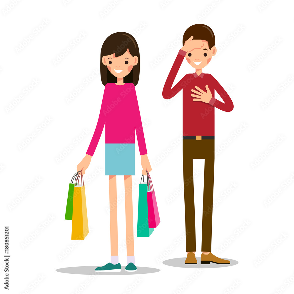 Young girl stands and holds shopping bags in both hands. Young man is shocked by number of purchases. One hand of the boy is next to the heart, and second hand supports head Young girl stands and holds shopping bags in both hands. Young man is shocked by number of purchases. One hand of the boy is next to the heart, and second hand supports head
