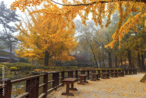 Autumn beauty of the nami island in the fall.The leaves are changing colors.