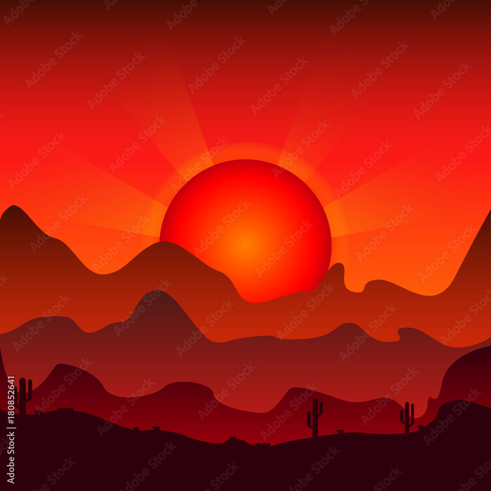 Sunset against the backdrop of the mountains. Vector illustration.