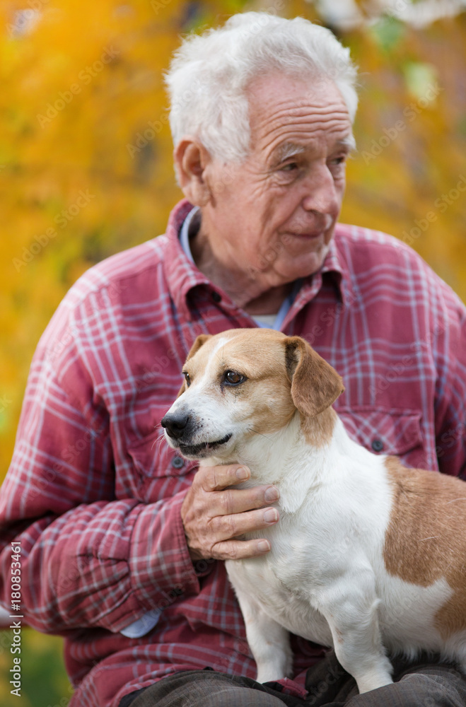 Old man with dog in park Old man with dog in park