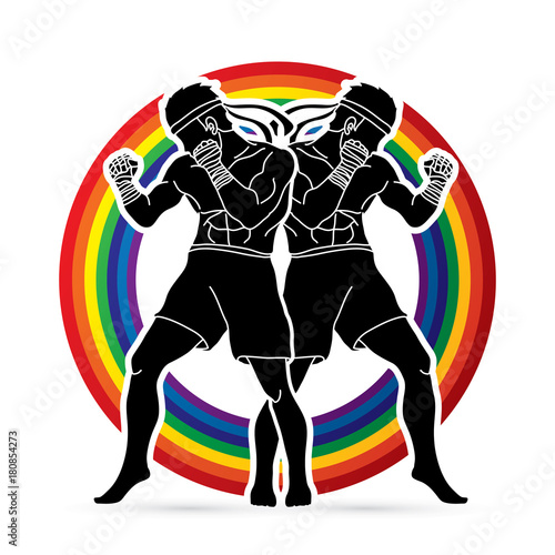 Muay Thai, Thai boxing standing ready to fight action designed on line rainbows background graphic vector