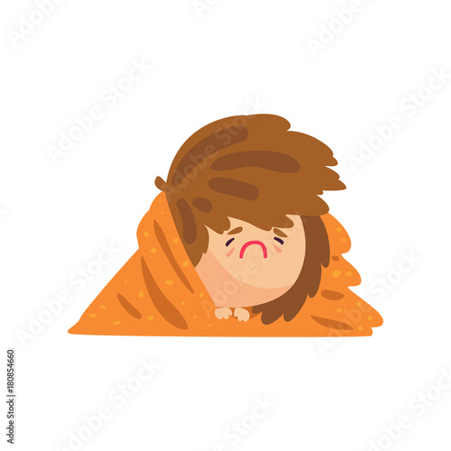 Unhappy sick girl having high temperature lying covered with a blanket, girl caught a flu cartoon character vector illustration