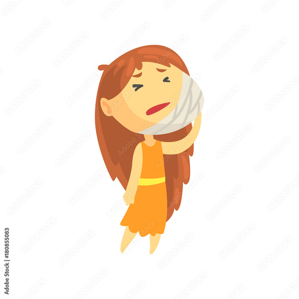 Sick girl with long hair holding her bandaged cheek suffering from  toothache, unwell teen needing medical help cartoon character vector  illustration Stock Vector | Adobe Stock