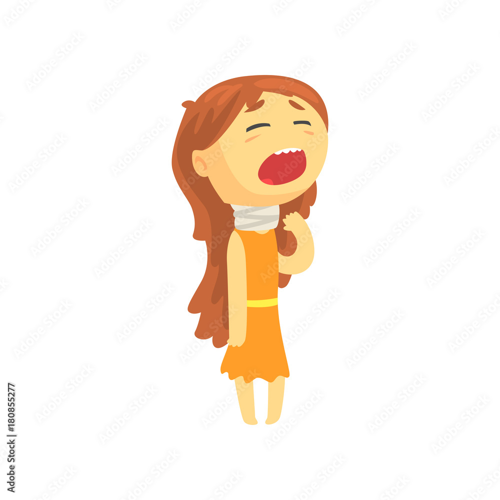 Sick girl with long hair suffering from sore throat, unwell teen needing medical help cartoon character vector illustration