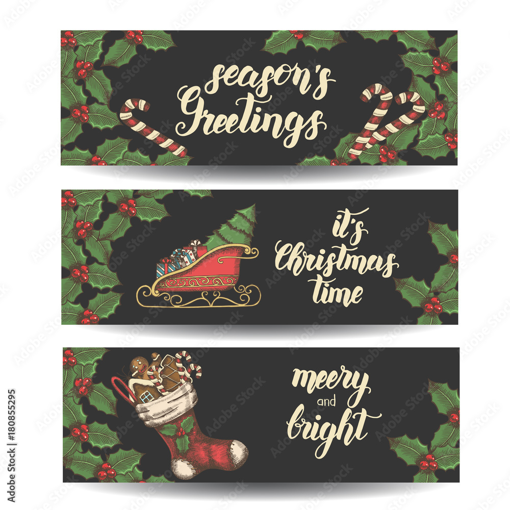Christmas banners with leaves of mistletoe, sock with gingerbread, candies and  Santa's sleigh on black. Hand made trendy lettering 