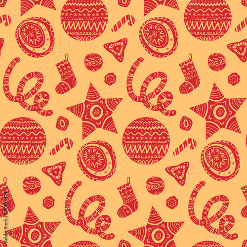 Vector Christmas seamless pattern with toys, sock, candy etc. New Year background. Nativity elements.