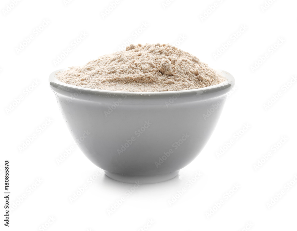 Bowl with coconut flour on white background Bowl with coconut flour on white background