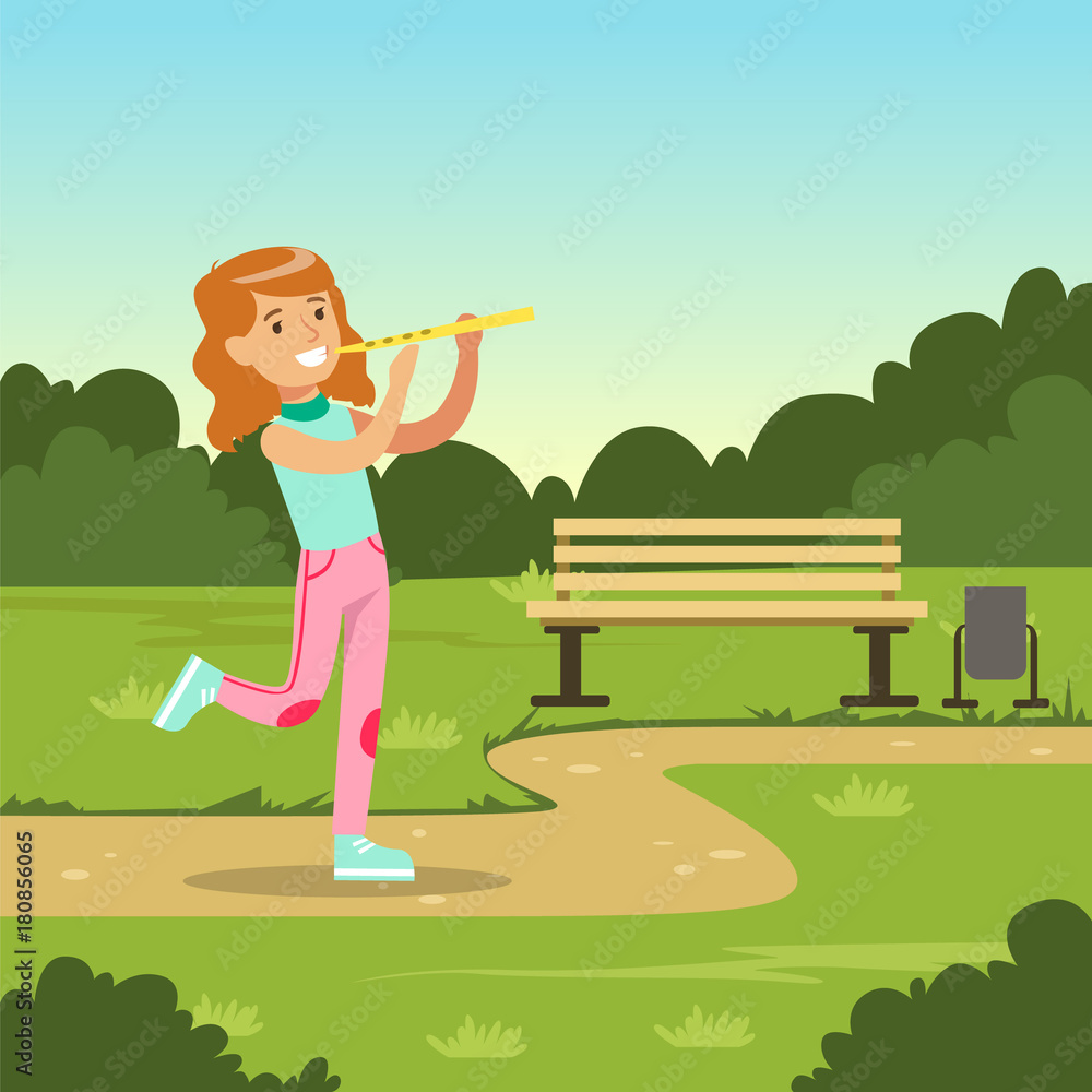 Beautiful smiling girl playing flute while walking in city park, kids outdoor activity vector illustration