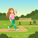 Cute smiling girl eating ice cream while walking in city park, kids outdoor activity vector illustration