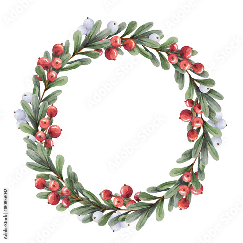 Watercolor Christmas wreath of branches boxwood with red berries and snowberry on a white background. Beautiful and bright frame for your holiday, warm wishes and design