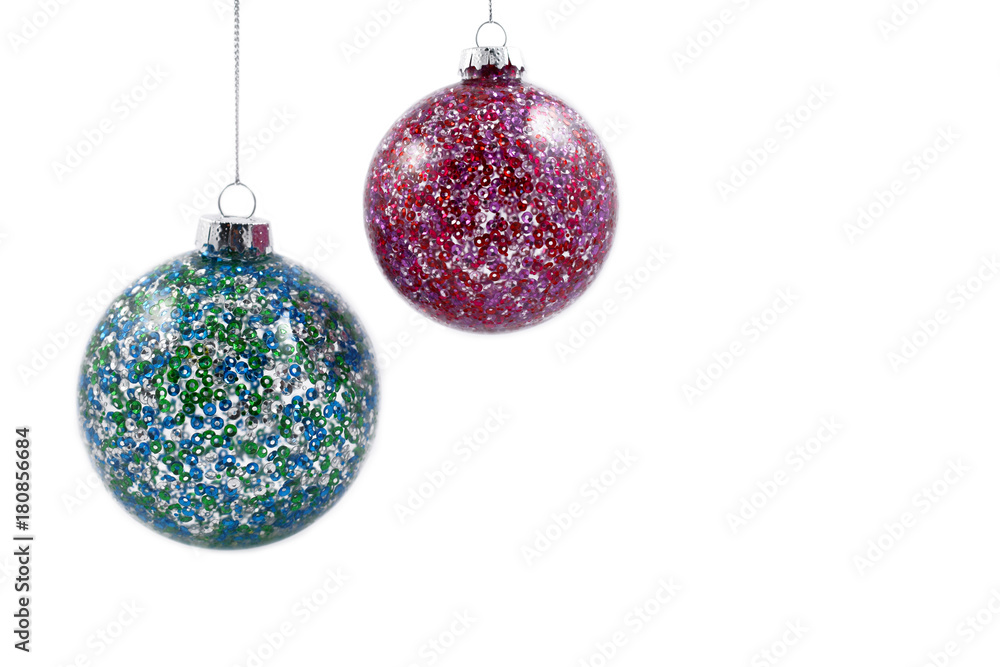 Colorful Christmas balls stock images. Christmas decoration on a white background. Christmas hanging balls of different colors