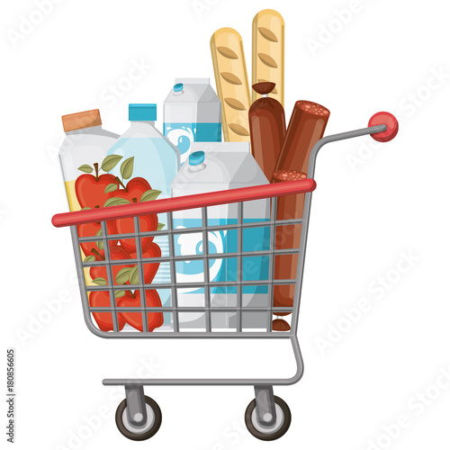 supermarket shopping cart with foods sausage and bread apples and drinks orange juice and water bottle and milk carton