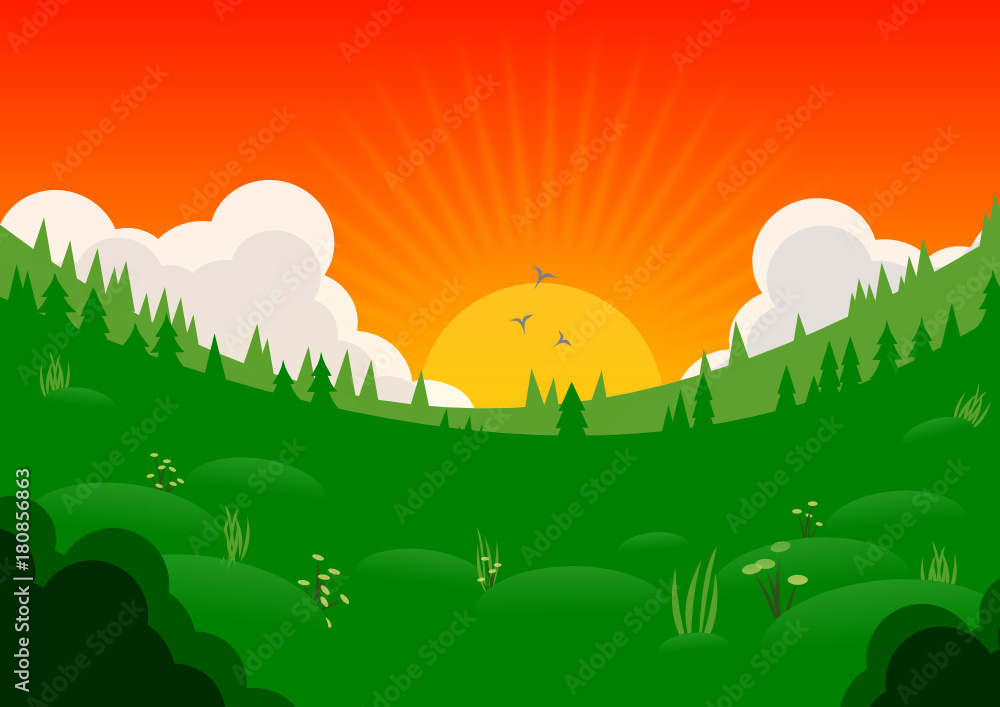 Sunset landscape over a meadow valley 