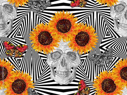 Fototapeta Naklejka Na Ścianę i Meble -  Seamless boho tribal fashion pattern with decorative skull, butterflies and sunflowers vector background perfect for wallpaper, pattern fill, web page, surface texture, textile. Floral pattern