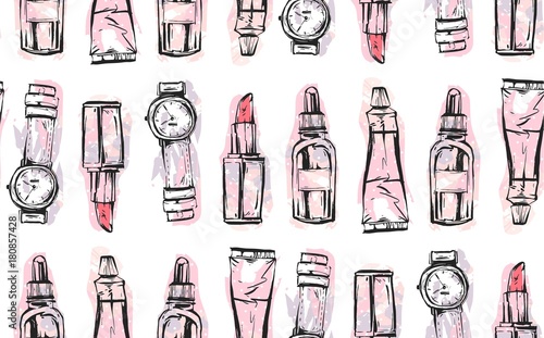 Hand drawn vector abstract textured graphic fashion chic style collection seamless pattern with girl accessories in pink pastel colors isolated on white background