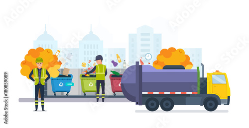 Containers for garbage of different types, on autumn street city.