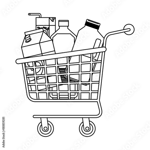 shopping cart with drinks juice and water bottle and milk carton in monochrome silhouette
