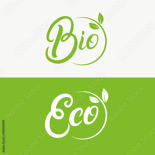 Eco and bio hand written lettering logo, emblem with leaves.