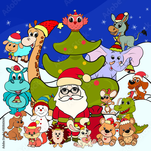 Funny Santa Claus with gifts and animals