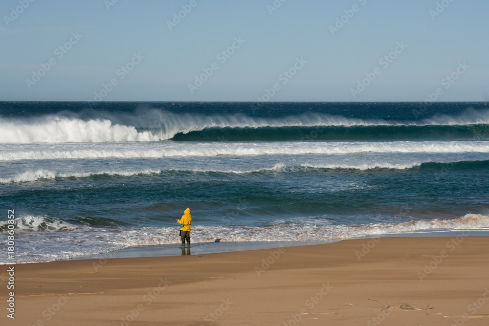 Beach fishing in big surf at Waitpinga Beach, South Australia Beach fishing in big surf at Waitpinga Beach, South Australia
