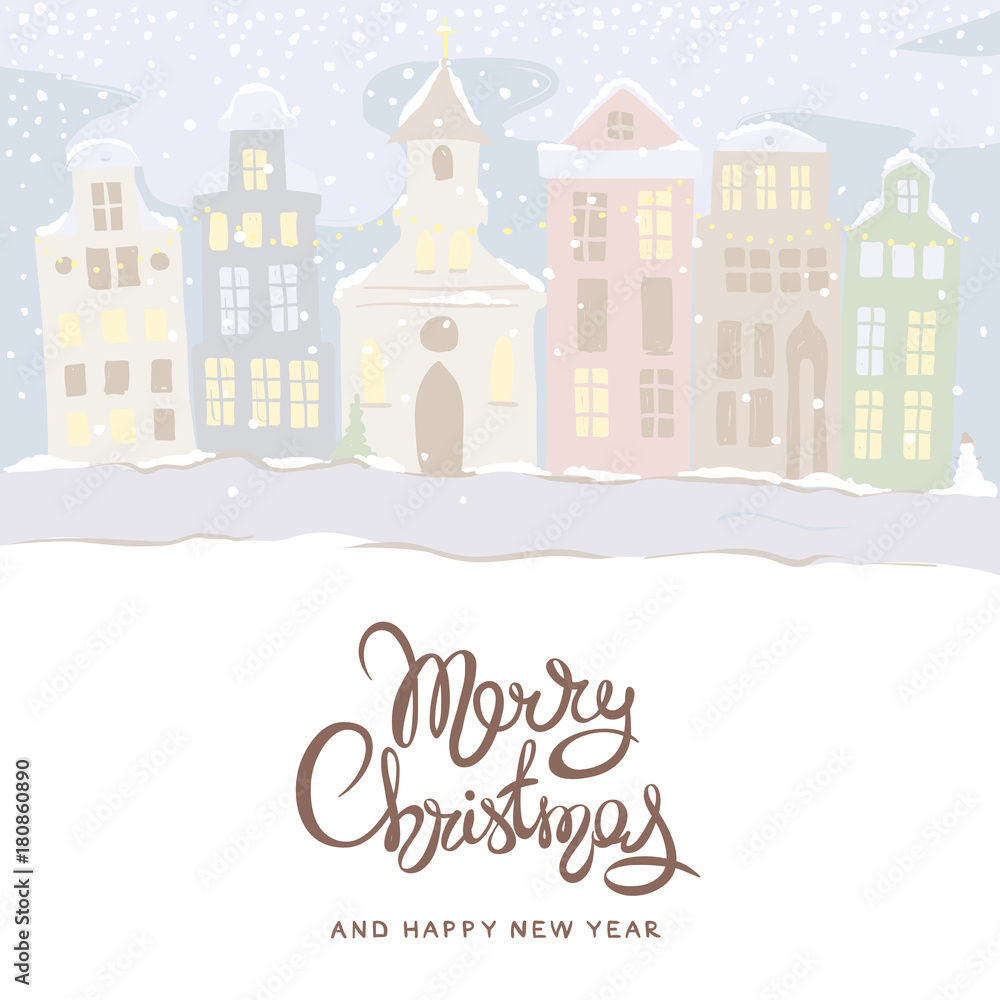 Merry Christmas greeting card / Vector illustration, background with winter old city