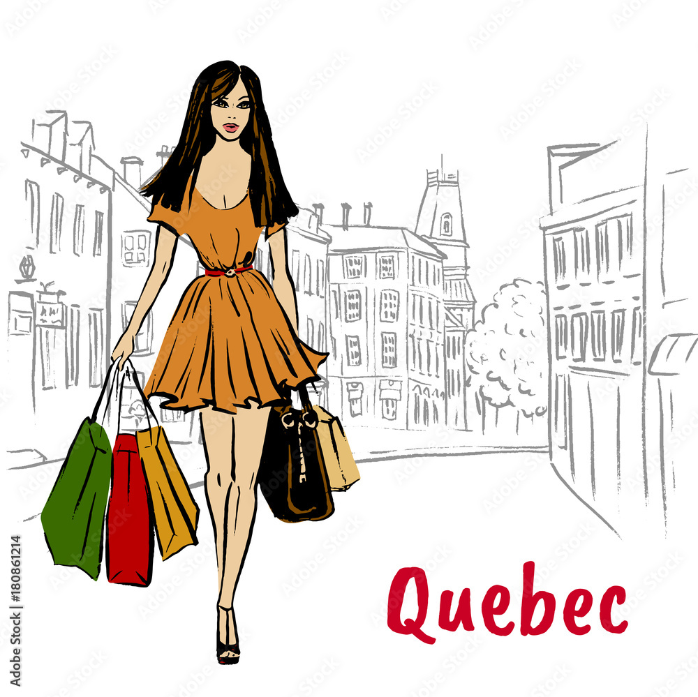 Women with shopping bags walking on St Jean Street Women with shopping bags walking on St Jean Street